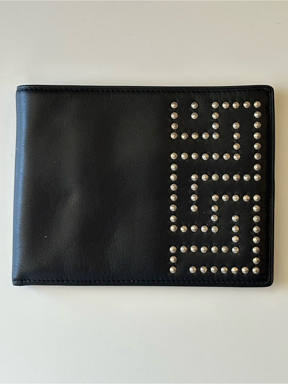 Versace Leather Bifold Wallet Logo Studs Stud Pattern Black Silver